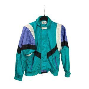 Vtg 80s Clipper Bay Teal Nylon Colorful Windbreaker Jacket Mens Medium